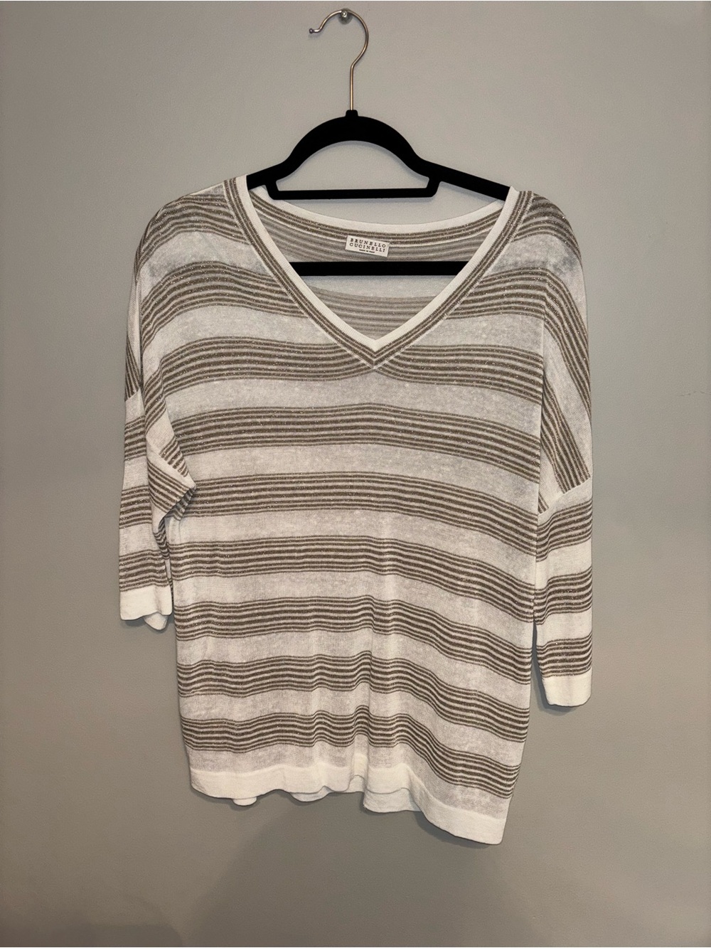 Brunello Cucinelli Cream & Taupe Striped V-Neck Sweater